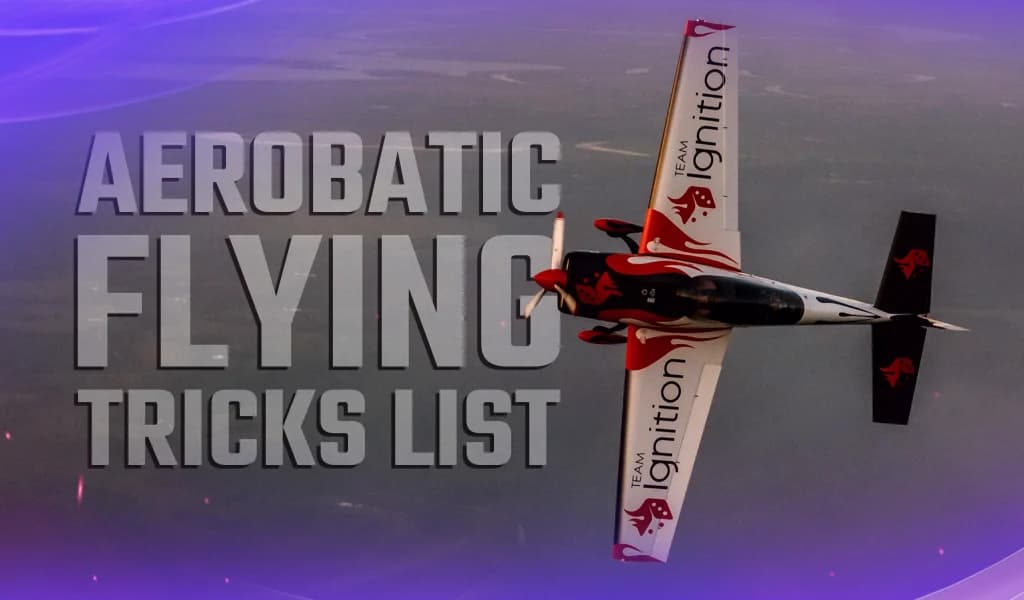 Aerial view of a Team Ignition aerobatic airplane in flight with overlaid text “Aerobatic Flying Tricks list”.