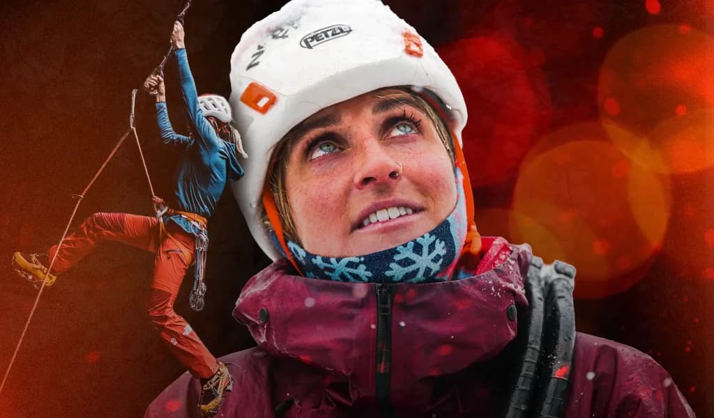 Ice climber Fay Manners on a rope beside a large portrait of her wearing a helmet