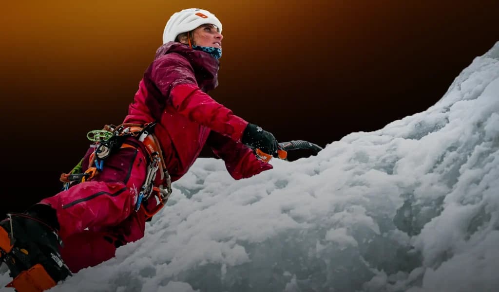 Ice climber ascending an ice wall with an ice axe in hand