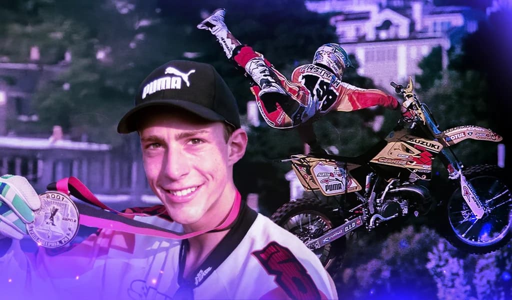 Young racer, Travis Pastrana, smiling and holding a silver medal, with an overlay of him performing a freestyle motocross stunt on a dirt bike.