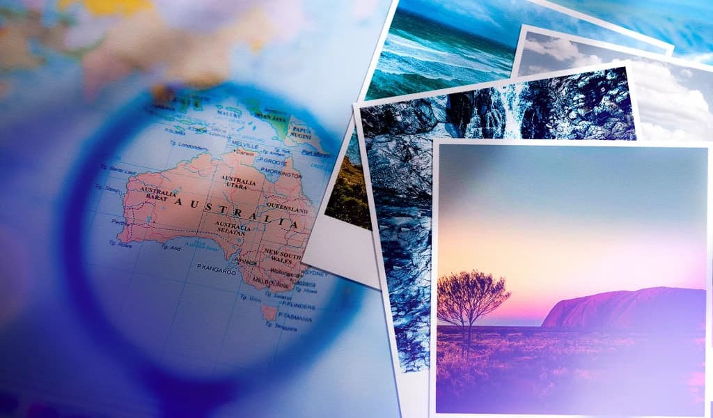 Map of Australia under a magnifying glass beside landscape photos, ocean scenes, and desert images.