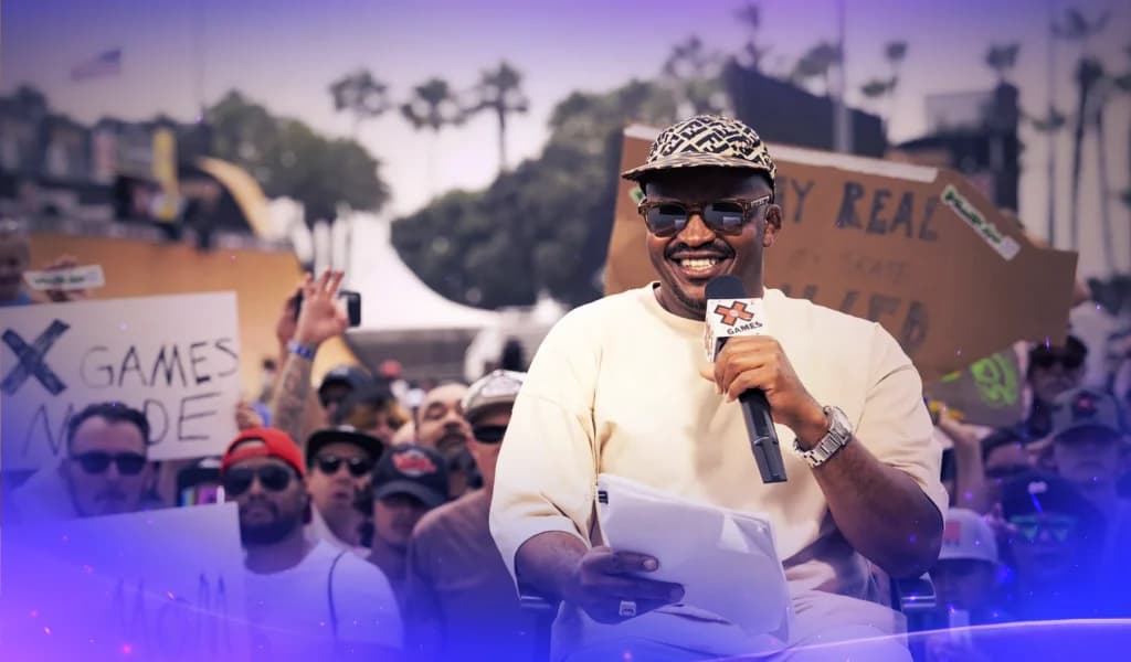 Selema Masekela speaks into a mic as host and commentator of the X Games.