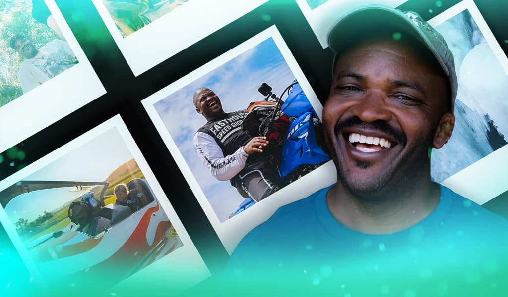 A smiling man, Selema Masekela, in the foreground with multiple adventure sports images displayed behind him.