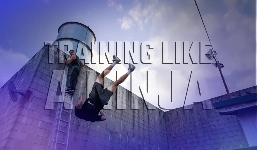 One athlete climbs a ladder while another jumps from a rooftop during parkour training.