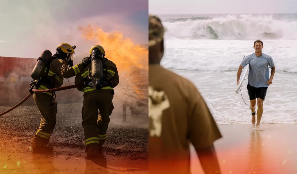 Split screen of firefighters battling flameson one side and a person carrying a surfboard from the ocean on the other.