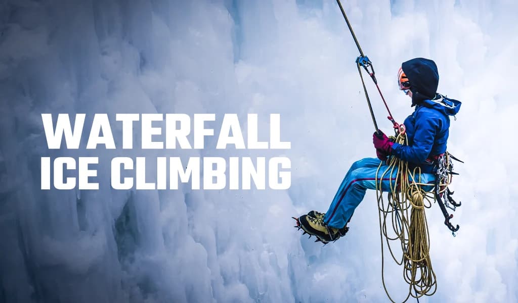 Ice climber descending a frozen waterfall using ropes and crampons during waterfall ice climbing.